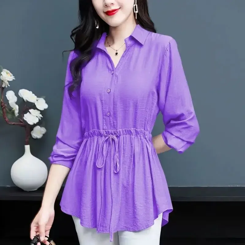 Plus Size Loose-Fit Chiffon Shirt 2024 Spring Autumn New Long Sleeve Women's Belly Covering Slimming Top Small Underwear