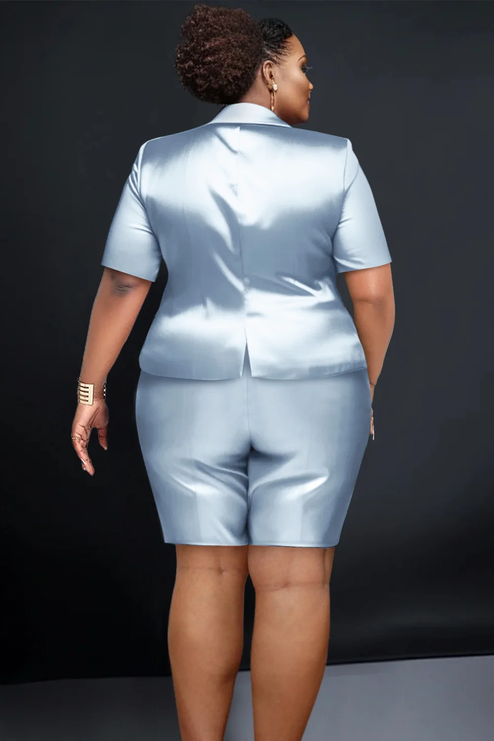 Женский полуторжественный цвет синий лацкан воротник короткий рукав атласные