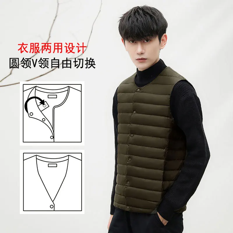 

2023 Winter New Light Down Vest Men's V-neck Short 90 White Duck Down Large Size Slim Fit Down Vest Inside Lightweight Waistcoat