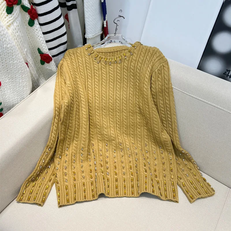 

Women's Jumper Sweater 2022 Autumn Winter New Heavy-Duty Colorful Crystals All-Match Knitting Sweaters Ladies Elastic Knitwear