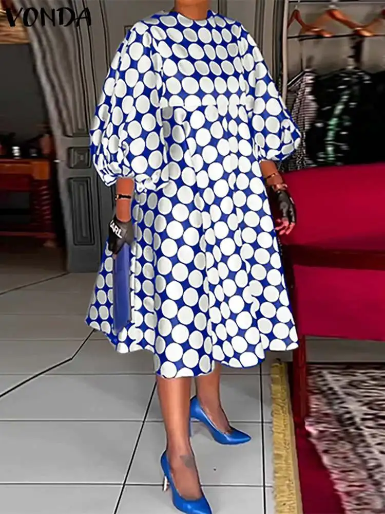 

Women Elegant Dress 2023 Printed Midi Sundress VONDA Sexy Round Neck Party Polka Dot Knee Length Dress Fashion Loose Robe Femme