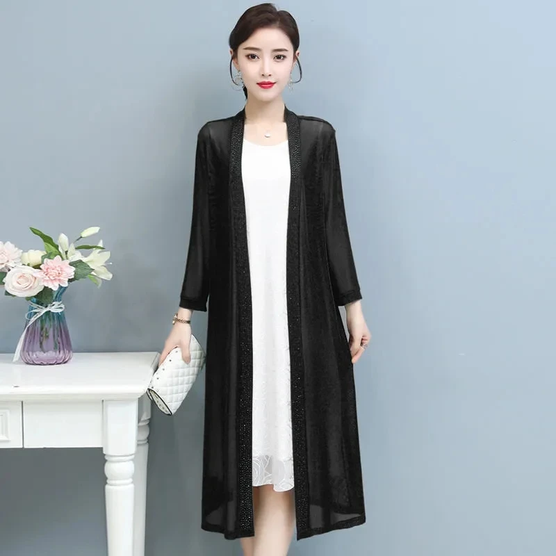 Women Summer Sun Protective Clothing 2022 New Female Thin Ice Silk Coat Mid-length Net Yarn Cardigan Tops K2054 |