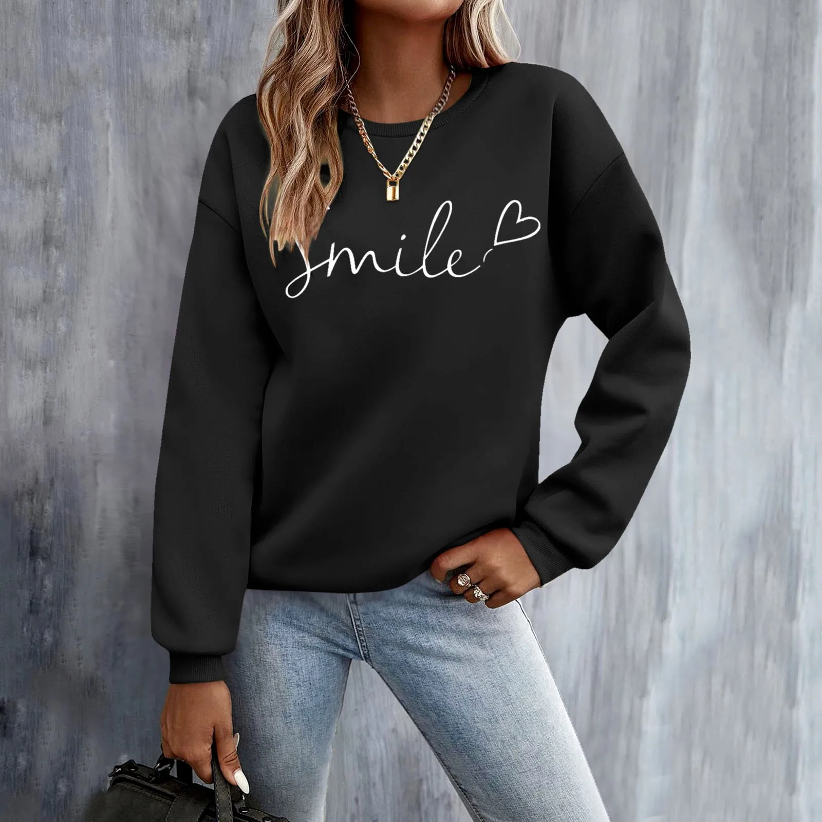 Smile Letter Print Pullover Sweatshirts Womens Outdoor Harajuku Long Sleeve O Neck Blouses Streetwear Sweatshirt Women