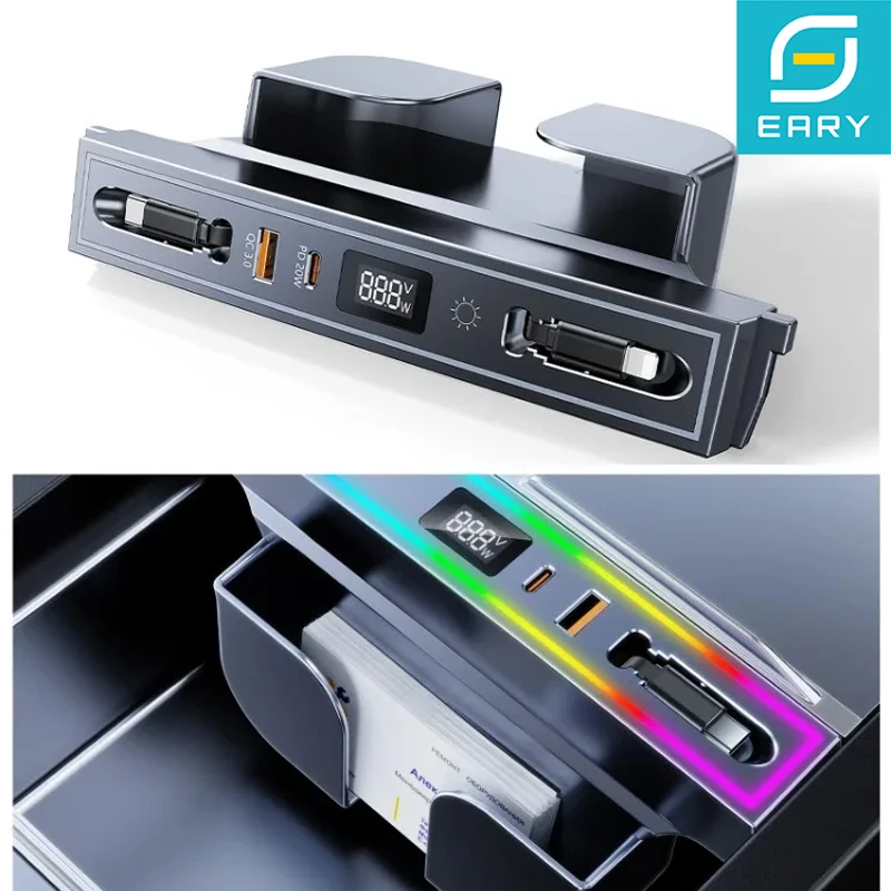 Фото USB-концентратор Eary для Tesla Model 3Y Highland, быстрое зарядное устройство, выдвижная док-станция с RGB-подсветкой, кабели для быстрой зарядки данных №1