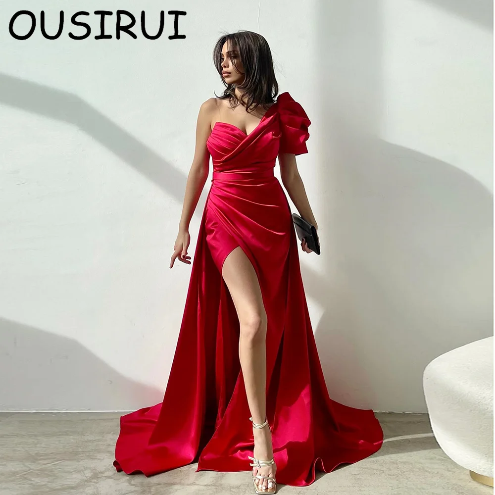 Фото OUSIRUI атласное однотонное платье-футляр с открытыми плечами, вечернее платье для выпускного вечера с разрезом по бокам, плиссированное вечернее платье, платья de festa №1