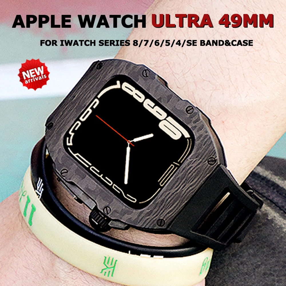 

Чехол из углеродного волокна для Apple Watch Series 8 Ultra 49 мм, резиновый ремешок, металлическая рамка, набор для модификации для iWatch 7 654 45 мм 44 мм