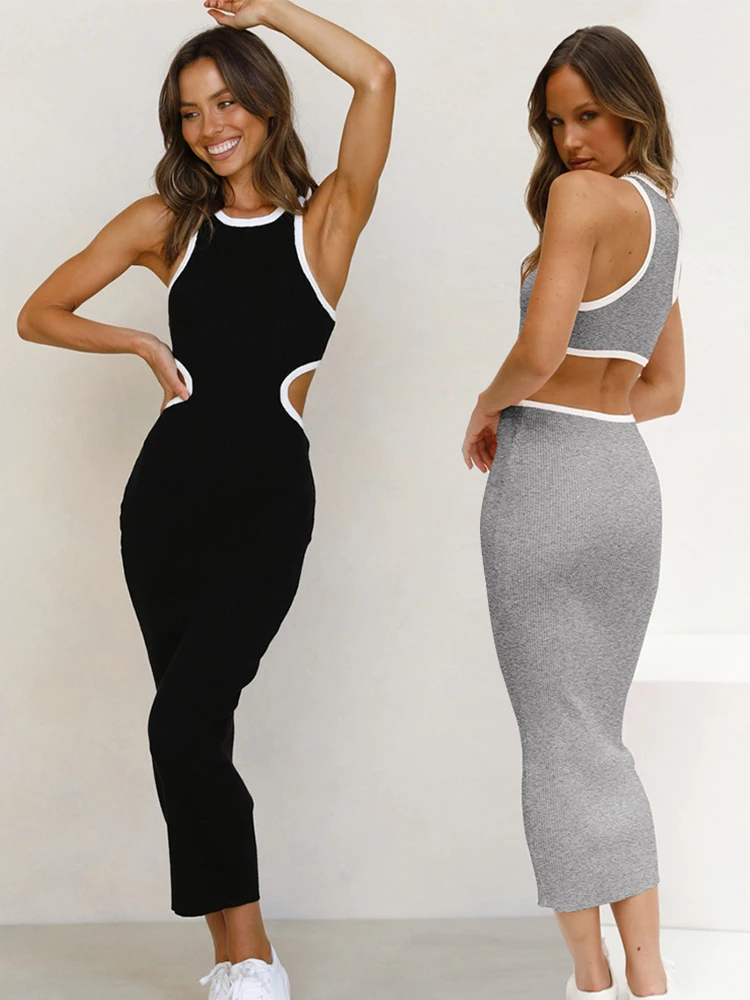 

Sleeveless Skirt Slim Rib Cut Out Backless Y2k Sexy Dress Split Skinny Women's Dresses Party Club Bodycon Dress Suits Streetwear