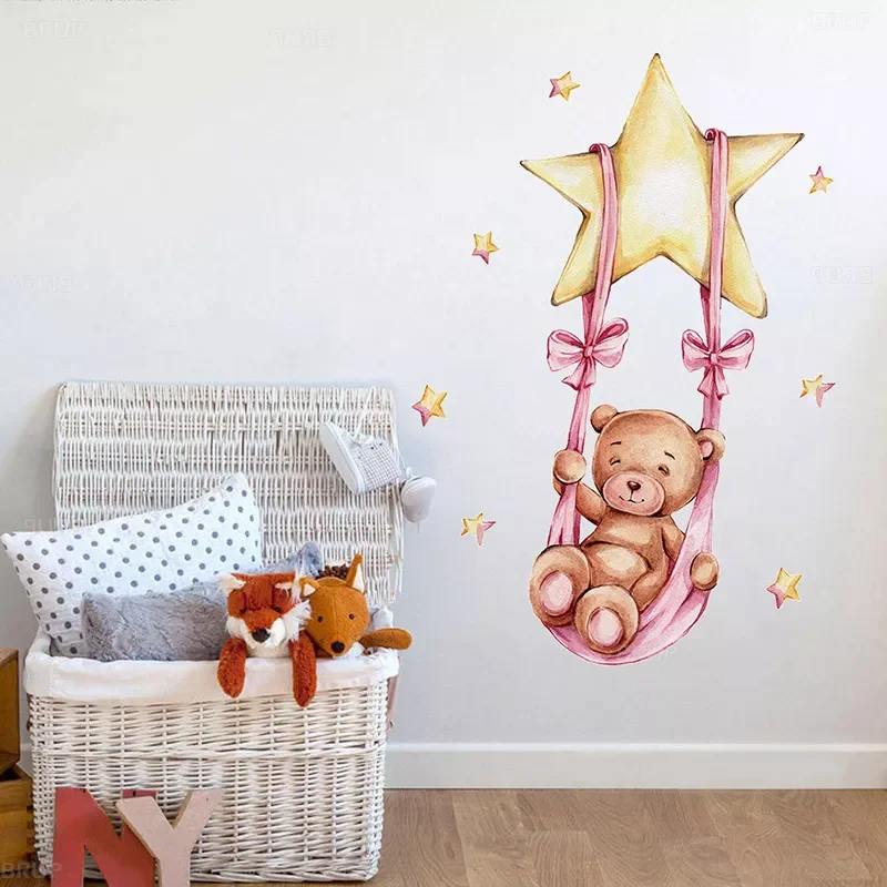 

Sweet Teddy Girl Bear Swing on the Star Wall Stickers for Kids Room Baby Nursery Room Wall Decals Room PVC Pink Stars