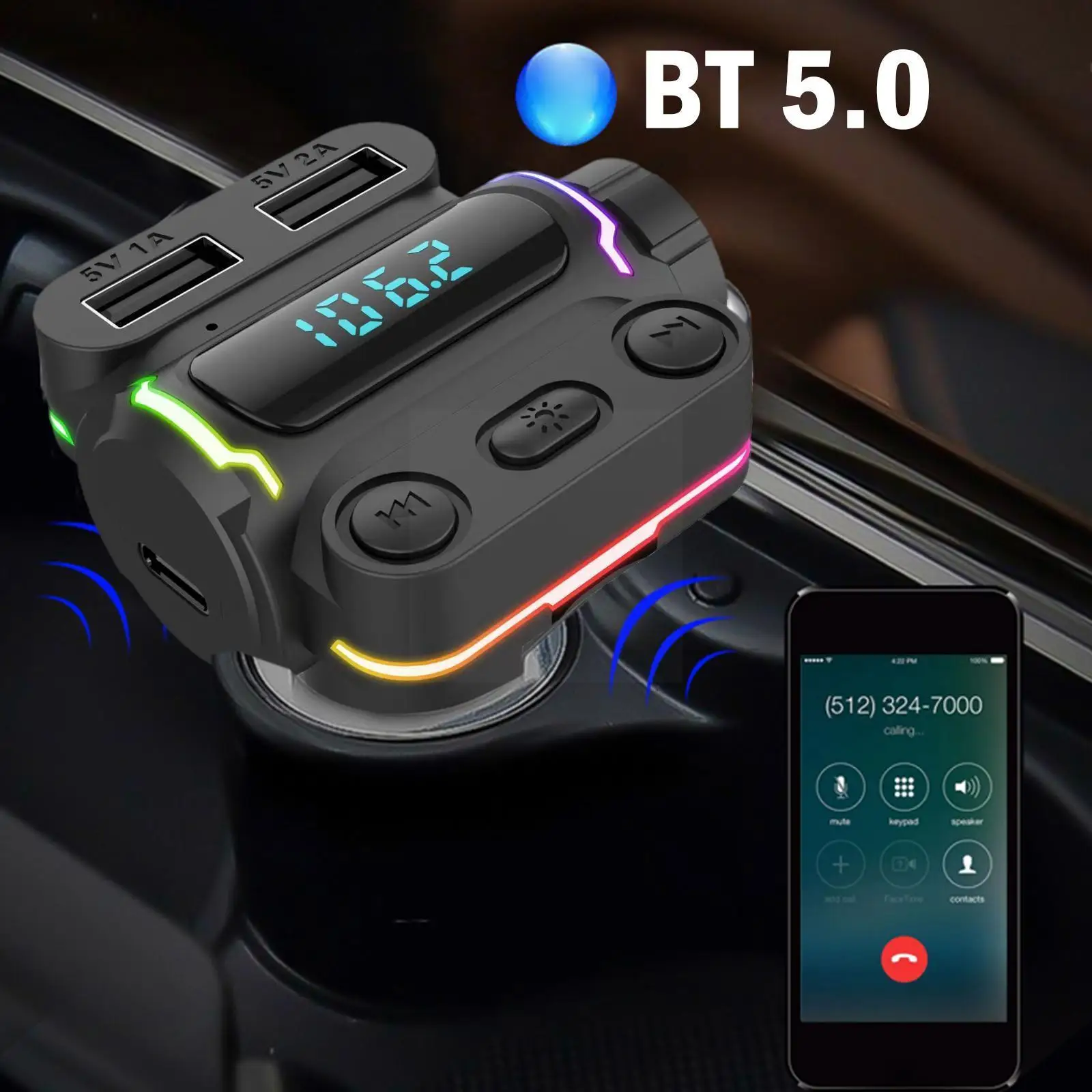 

Car Bluetooth 5.0 FM Transmitter Type-C Dual USB Charger Ambient Music MP3 Car Light Colorful Cigarette Accessory Lighter P Q5Z6