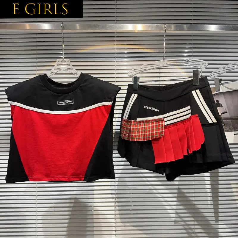 

E GIRLS 2023 Summer Sleeveless Black Red Patchwork Vest Tank Top Plaid Contrast Color Shorts Skirt Two Piece Set Outfits GK303