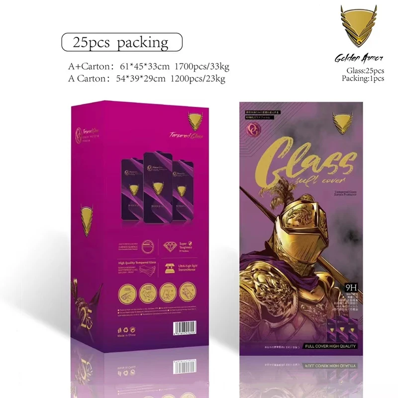 

25Pcs/Lot Glass For iPhone 14 13 12 11 Pro Max Screen Protector Golden Armor Premium Full Glue Tempered X XR XS Max 6 7 8 Plus