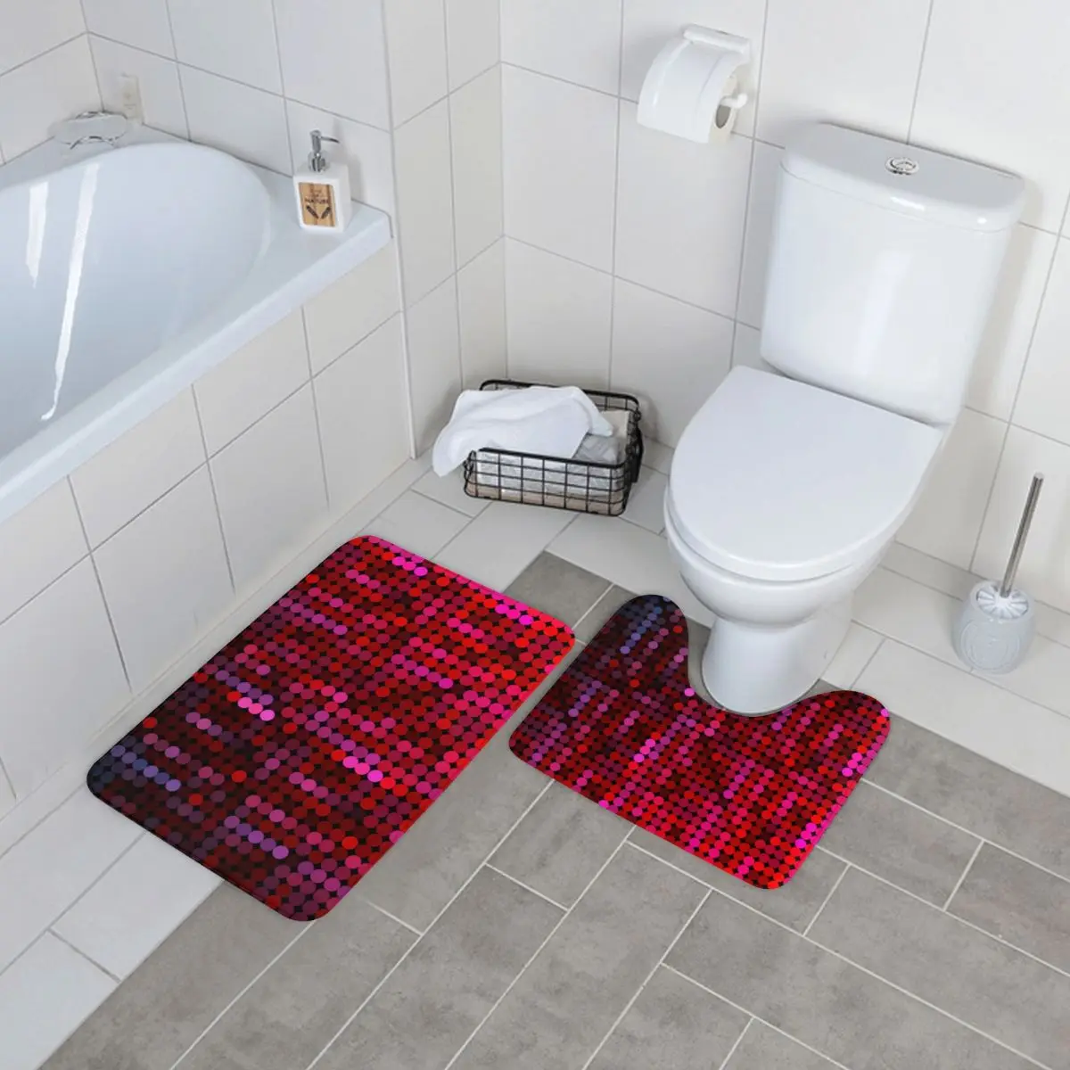 

Red Disco Ball Bath Mat Pink Sequin Print Polyester Pet 2pcs Bathroom Mat Set Soft Modern Bathroom Rug
