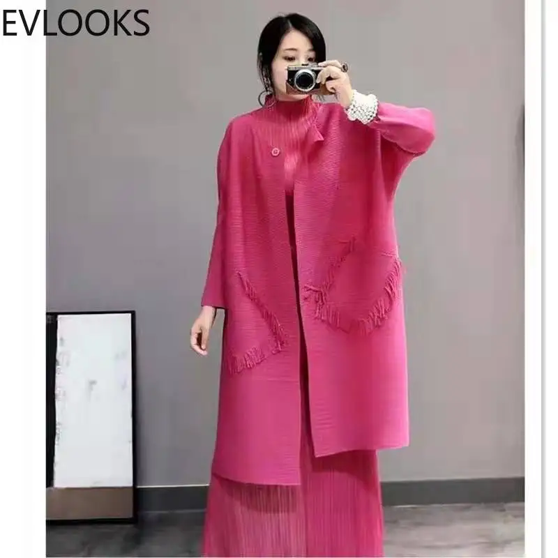 

EVLOOKS Fringed Over-the-knee Pleated Long Cardigan Casual Robe Loose Pleated Trench Coat New Women Autum Winter 2022