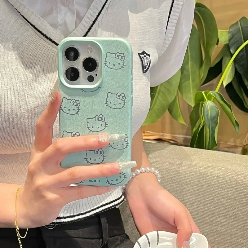 Милый мультяшный кожаный чехол для телефона Sanrio с бантом Hello Kitty iPhone 15 14 13 12 Pro Max