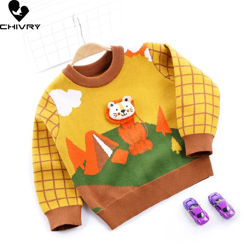 

Осенне-зимний пуловер для маленьких мальчиков, свитер, новинка 2023, детский жаккардовый свитер с мультяшным львом и круглым вырезом, вязаные свитеры в клетку с длинным рукавом, топы