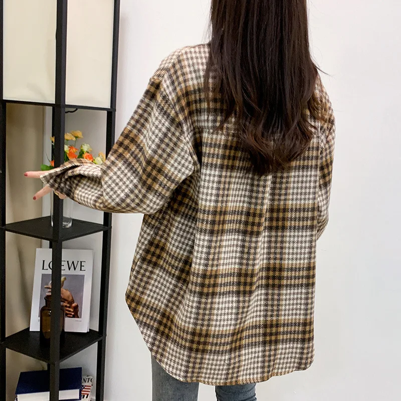 Блузка женская свободного кроя в клетку клетчатая хлопковая рубашка с длинным