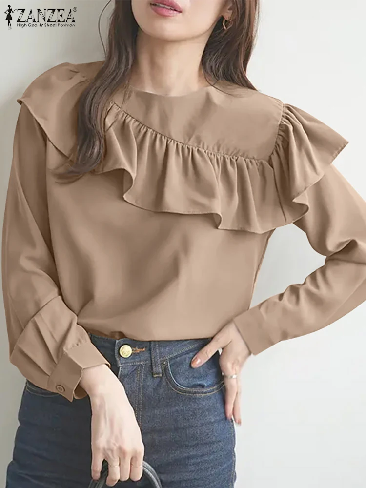 

Elegant Women Long Sleeve Ruffles Shirt 2023 ZANZEA Spring Solid Blouse Fashion Flounce Hem Work Blusas Holiday OL Tops Mujer