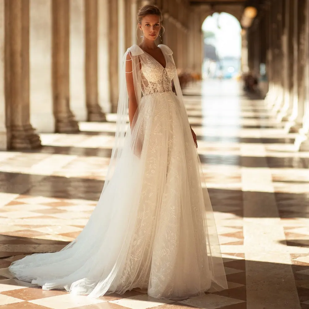 

New Design V Neck Wedding Dress 2024 Bridal Gown With Cape Bow Shoulder Chapel Train Backless Lace Applique Woman Summer Boho