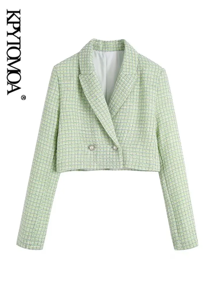 

KPYTOMOA Women Fashion Tweed Cropped Blazer Coat Vintage Long Sleeve Front Bejewelled Buttons Female Outerwear Chic Veste Femme