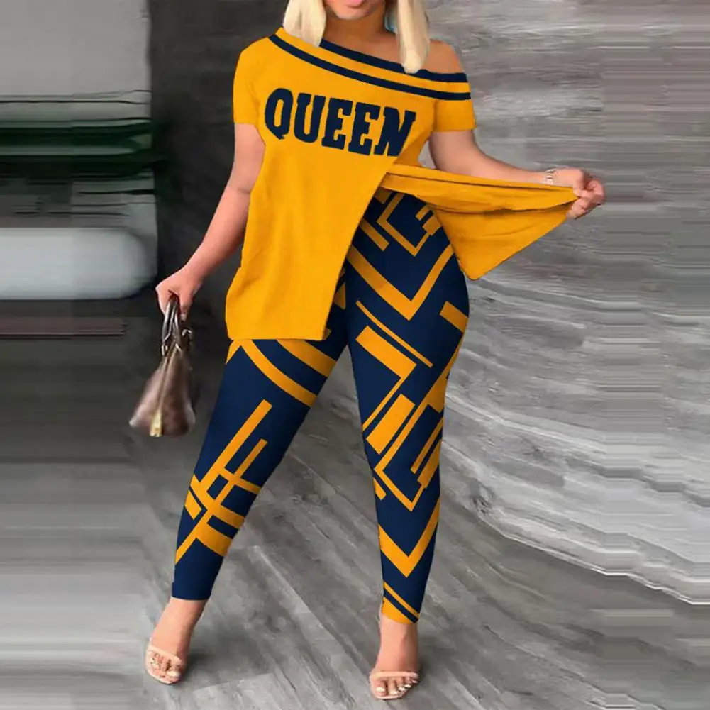 

2Pcs Summer Women's Suit Skew Collar Short Sleeve Split Hem Printing Patchwork Top Leggings Casual Outfit Set Streetwear