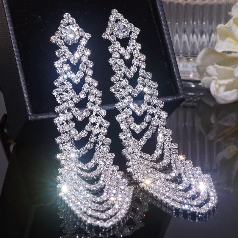 

Elegant Wedding Party Jewelry Silver Color full Rhinestone Long Drop Earrings for Women New Geometric Multilayer Dangle Earrings