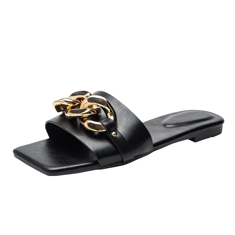 

Шлепанцы женские с металлической цепочкой, сандалии из искусственной кожи на плоской подошве, пляжные шлепанцы с квадратным носком, модные ...