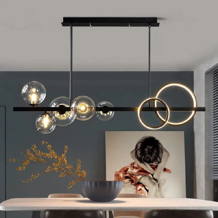

Nordic long chandelier LED Black Gold chandelier For Dining Room Table Living Room Kitchen home decoration glass ball chandelier