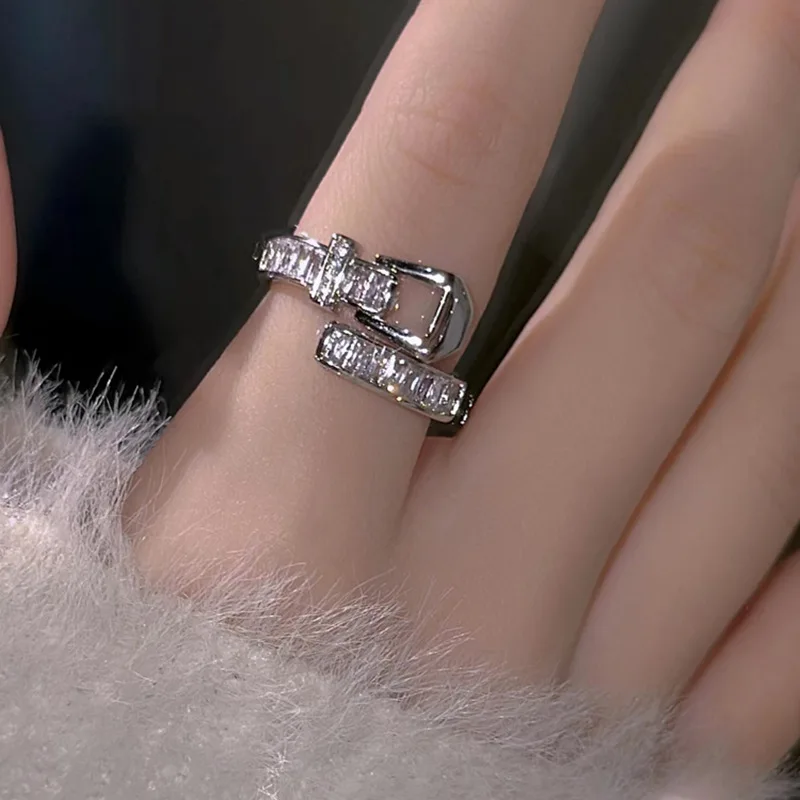 

YOUNGX Luxury Strap Design Zircon Ring Korean Gold Silver Color Belt Buckle Open Rings For Women Jewelry