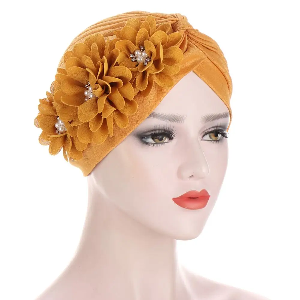 

Beading Flowers Turban Caps for Women Hair Wrap Cancer Chemo Cap Muslim Headscarf Bonnet Ruffle Indian Hat Turbante Mujer