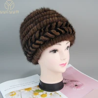 Hot Sale Women Winter Warm Real Mink Fur Hat Knitted 100% Natural Mink Fur Cap And Fox Fur Pompoms Lady Real Mink Fur Casual Hat