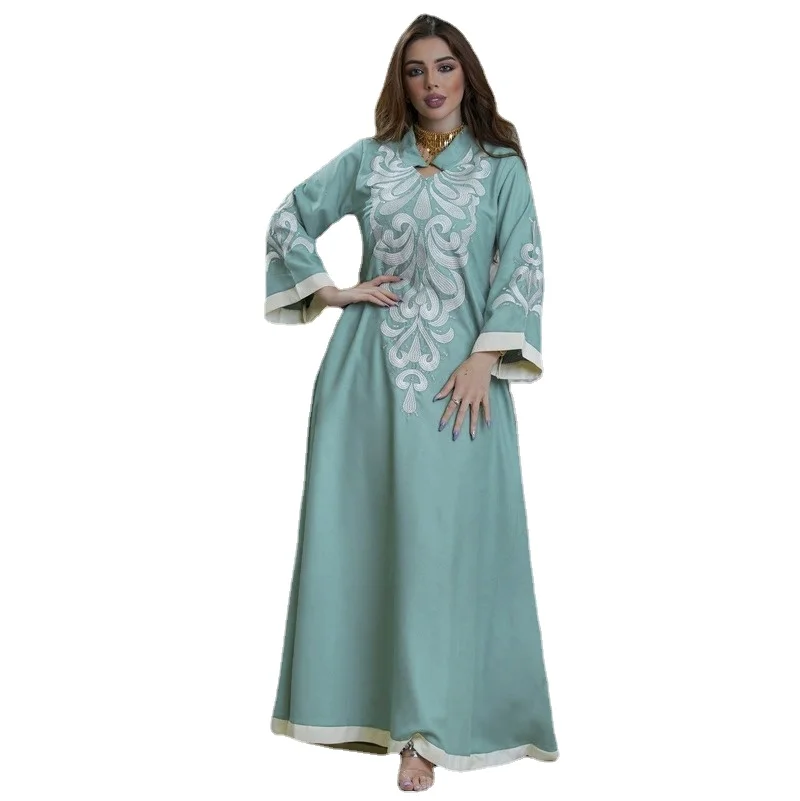 

Женское длинное платье с вышивкой, свободное повседневное мусульманское платье зеленого цвета, 2022
