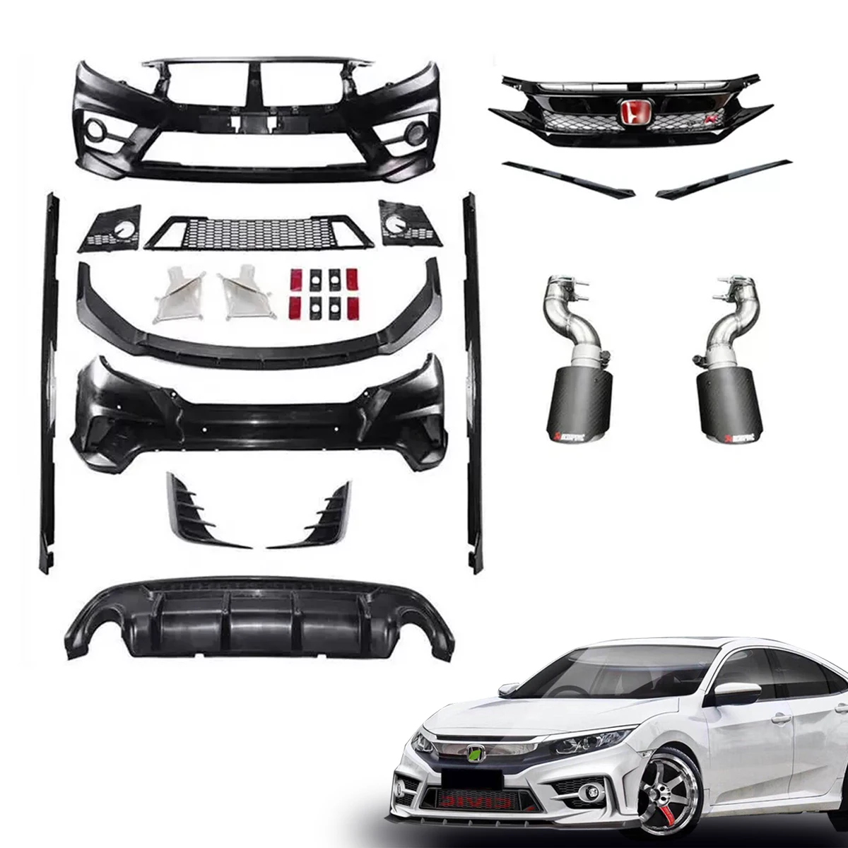 

Auto Body Kit PP Injection Molding Front Rear Bumper Lip Side Skirt Back Spoiler Splitter For Honda Civic 10th Sedan