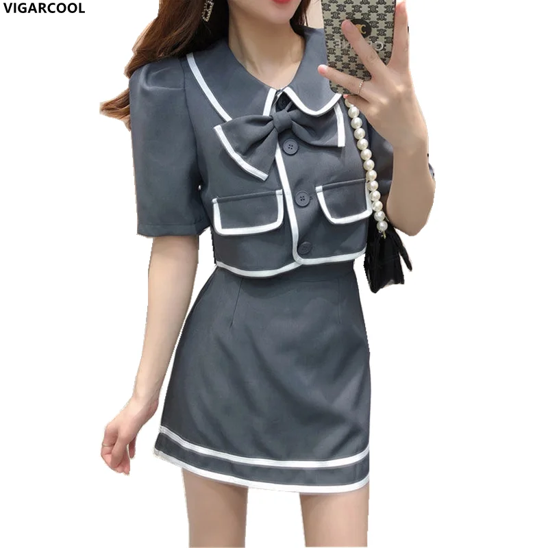 

High-end French elegant suit Female 2022 Summer bow doll collar High-end puff sleeve Top + High waist A-line Skirt two-piece Set
