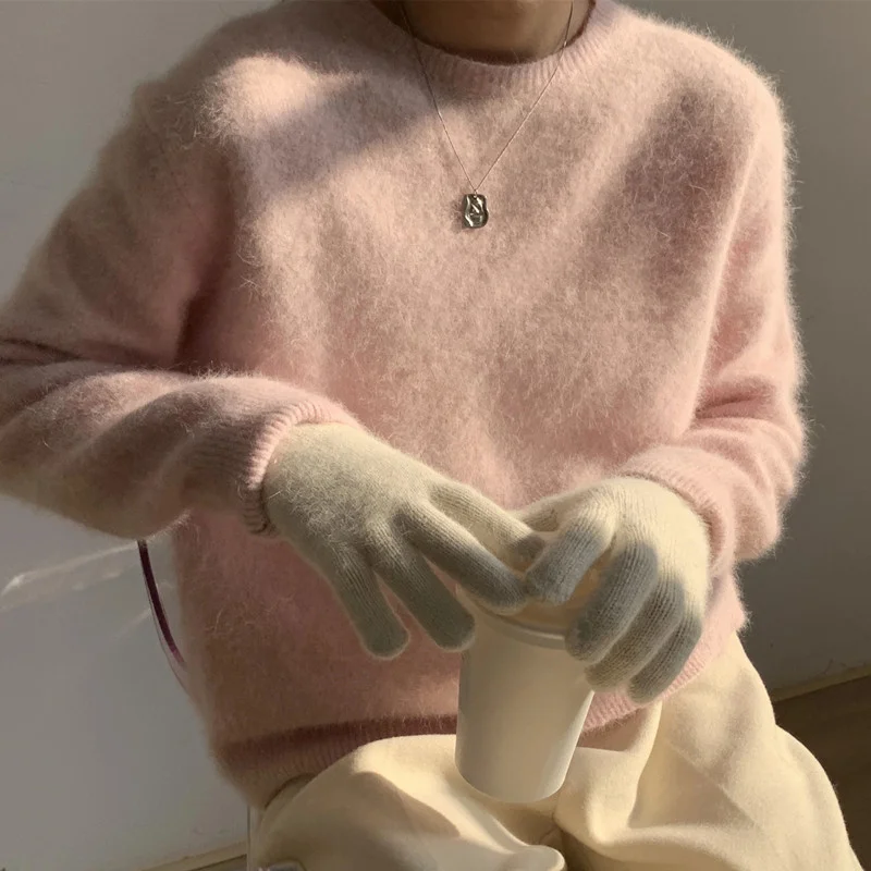 

2023 Light Pink Angora Round Neck Mink Cashmere Sweater Loose Pullover Fluffy Soft Warm Women Girl Clothes JNS308