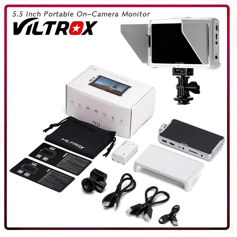 Фото VILTROX 5,5-дюймовый накамерный монитор 4K с сенсорным экраном, HDMI, полевой монитор 1920×1080 с солнцезащитным козырьком и 3D LUTs для Sony, Canon, Nikon №1