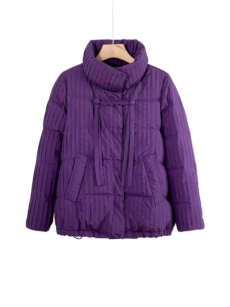 Зимняя мода 2024 женский пуховик в фиолетовую полоску свободный крой теплый