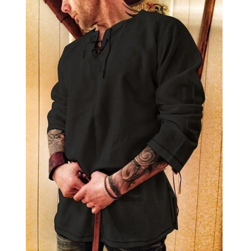 Рубашка Viking из хлопка и льна топы со шнуровкой длинными рукавами мужской