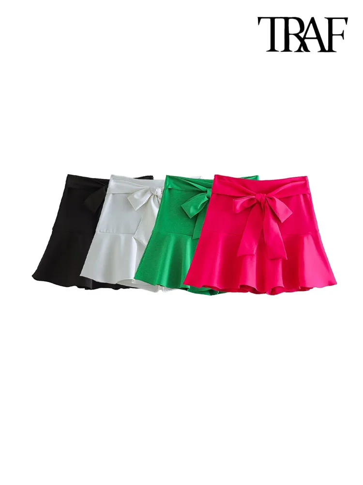 

TRAF Women Fashion With Bow Tied Ruffled Shorts Skirts Vintage High Waist Side Zipper Female Skort Mujer