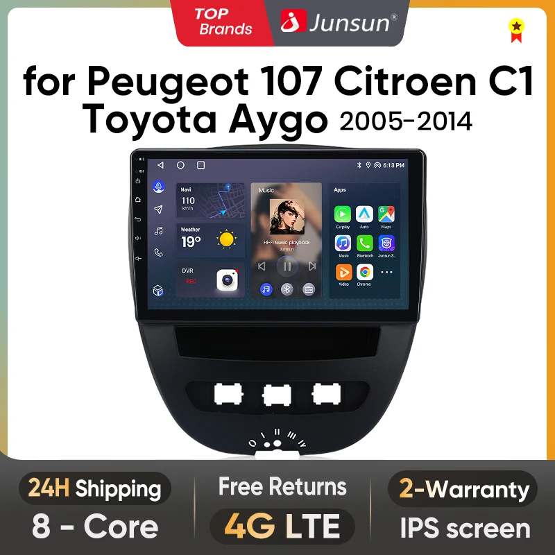 Junsun V1 AI Voice Wireless CarPlay Android Auto Radio для Peugeot 107 Toyota Aygo Citroen C1 2005-2014 Автомобильное