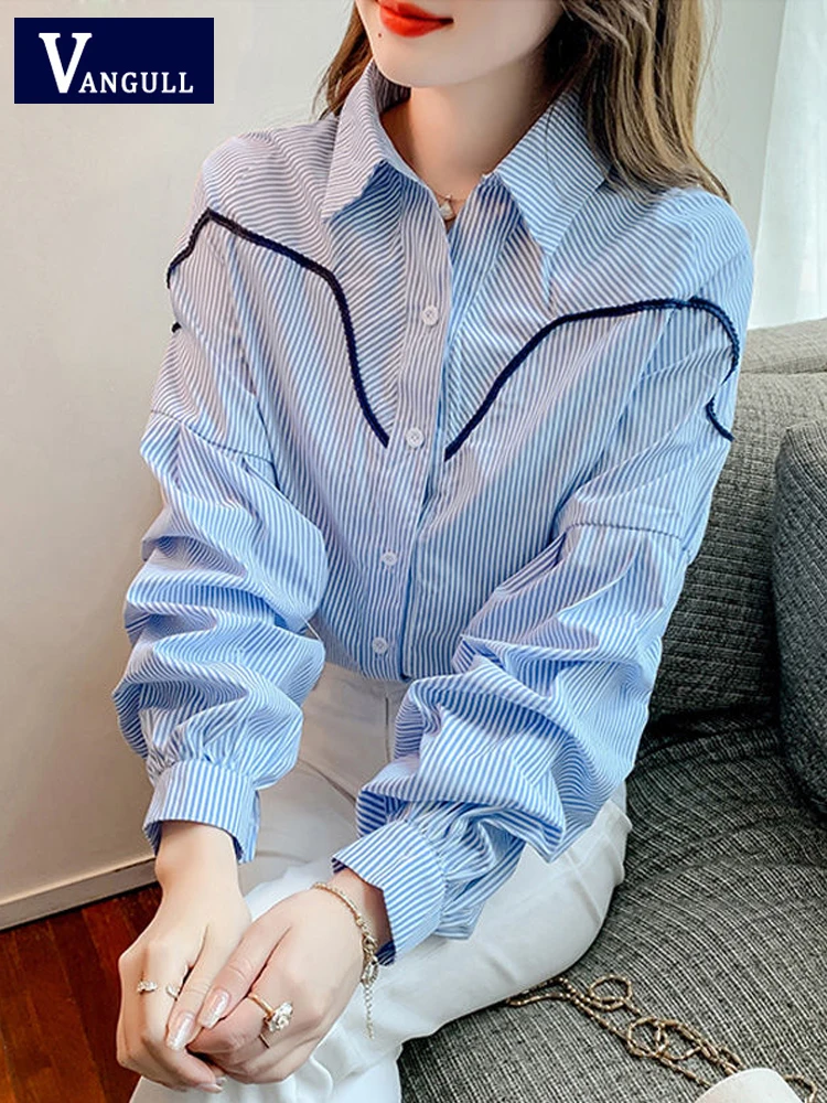 

Vangull Fashion Summer Blue Striped Shirt Women Turn-Down Collar Long Sleeve Blouse Female Button Loose Office Lady Tops Shirt