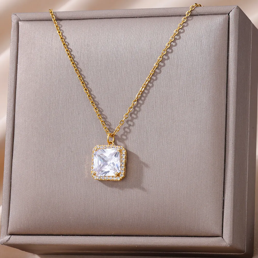 

Luxury Zircon Square Pendant Clavicle Chain Necklace For Women Stainless Steel Necklaces Jewelry Female Wedding Party Gift