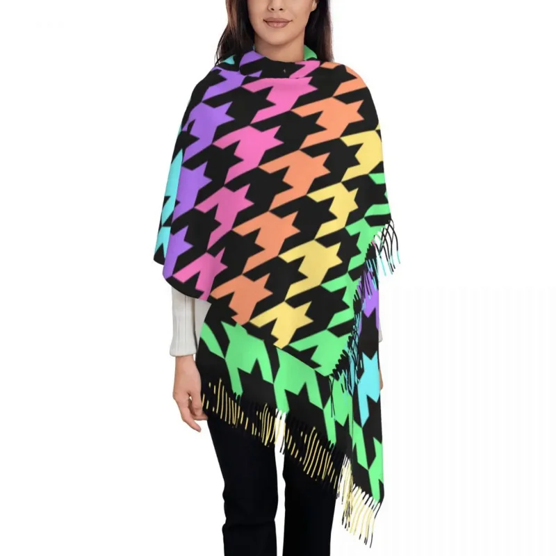 

Pastel Rainbow Houndstooth Scarf Wrap for Women Long Winter Warm Tassel Shawl Unisex Classic Dogstooth Scarves