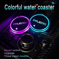 7 colors led luminous coasters cup holder for mitsubishi pajero 2008 2020 car logo auto accessories 2 pcs atmosphere light
