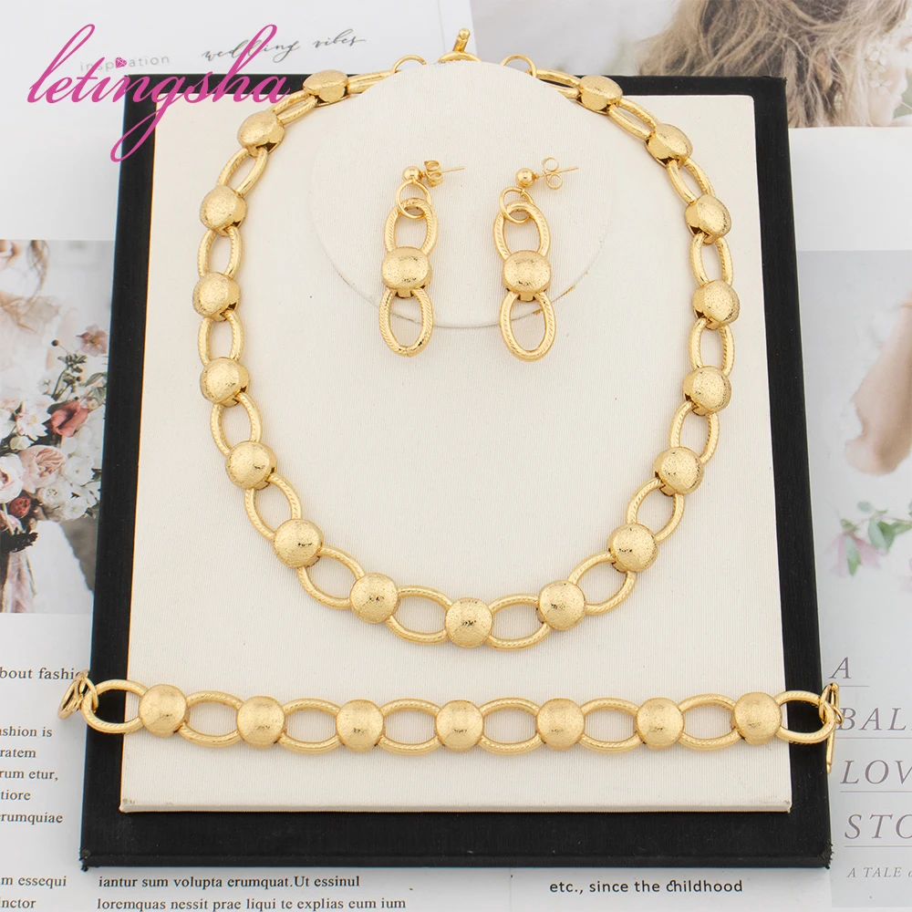 

Dubai Luxury Necklace Chain Gold Color Earrings 18K Gold Plated Bracelet Classic Rings Jewellery Set African Fashion Jewelry Set