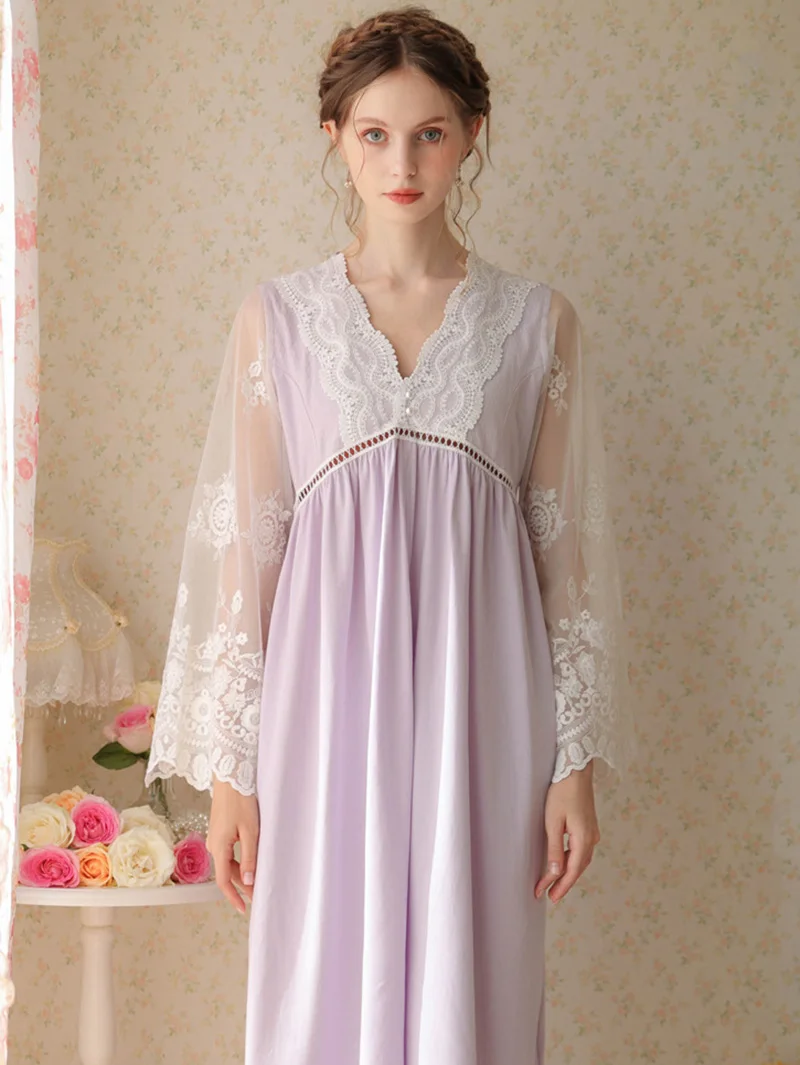 Women 2022 French Vintage Princess Pajamas Embroidery Cotton Mesh V-Neck Lace Slit Long Sleeve Nightdress Spring Autumn Vestidos