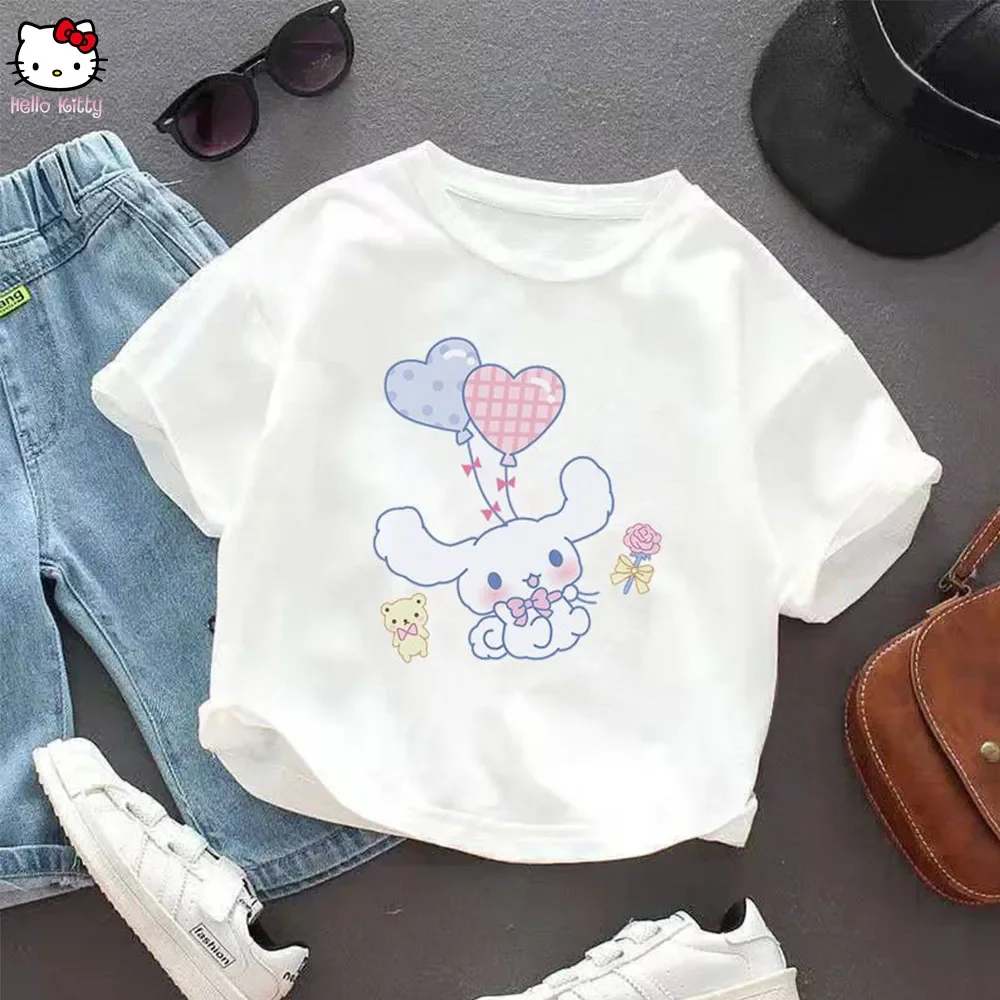 Аниме Cinnamoroll Детские с коротким рукавом Sanrios Kawaii для девочек и мальчиков белые
