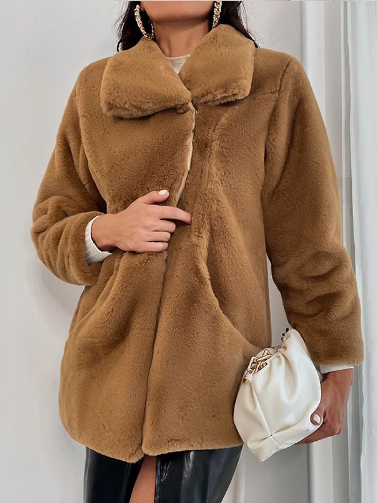 Winter Elegant Turn Down Collar Faux Fur Coats Women 2022 Fashion Ladies Faux Rabbit Fur Coat Fluffy Jackets Long Fur Outwear