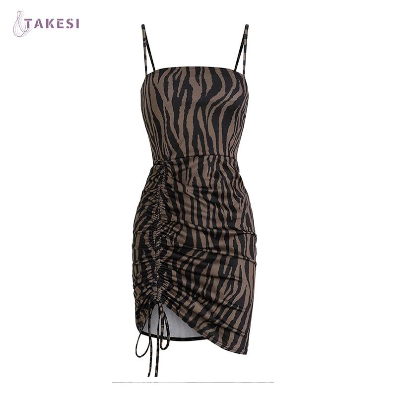 

Sexy Women Sling Bodycon Summer Casual Sleeveless Ruched Zebra Stripes Printing Drawstring Dress For Party Club Streetwear