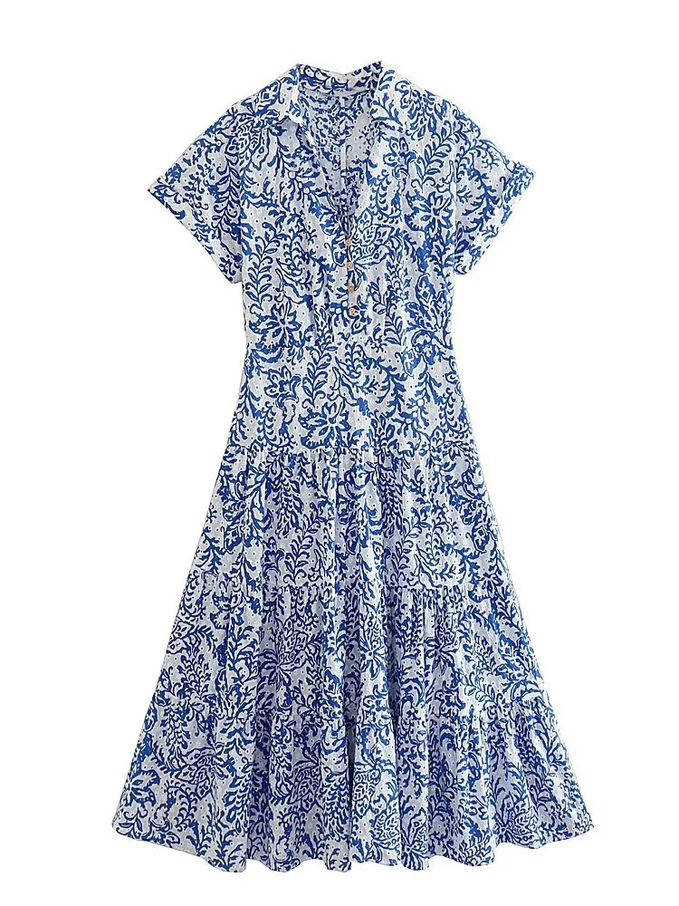 Summer 2023 Women Blue Short Sleeve Hollow Out Embroidery Midi Dreses Casual Vestido