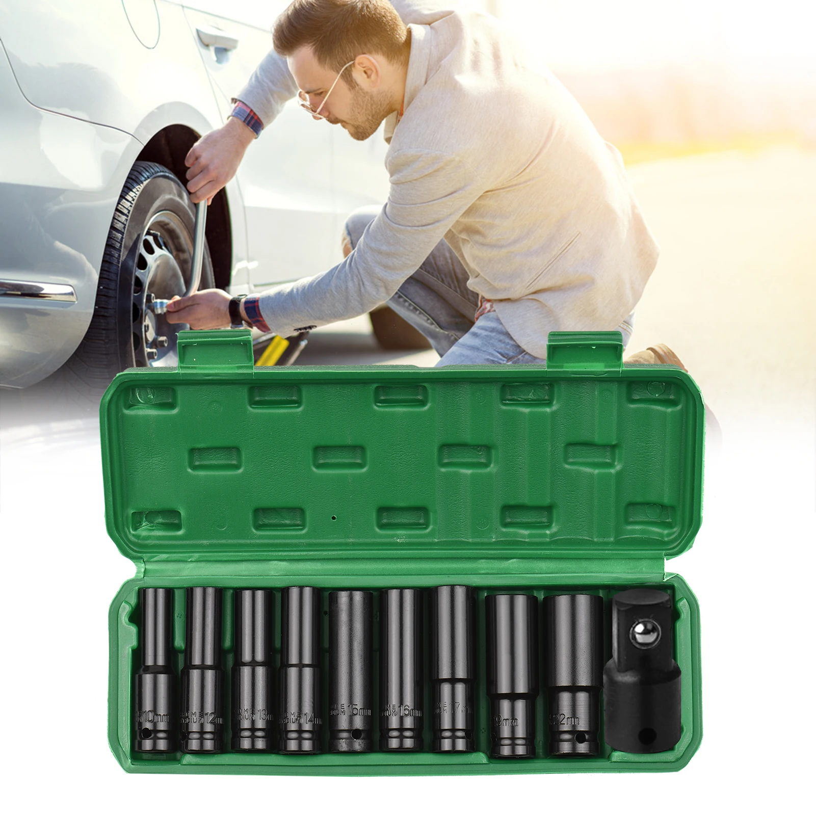 

1/2Inch Drive Hex Impact Socket Set 10-Piece Deep Socket Metric Sizes 10-24mm CR-V Material with Hard Storage Box